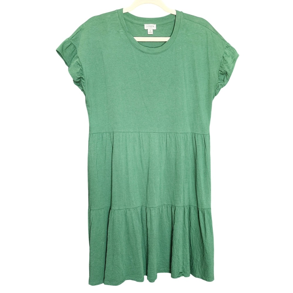 J.Crew‎ Babydoll T-Shirt Dress Green Tiered Ruffle Sleeve Preppy 100% Cotton, M